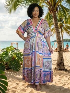 Boho/Scarf Print Pink Kimono Sleeve Double V Maxi Dress - 2X